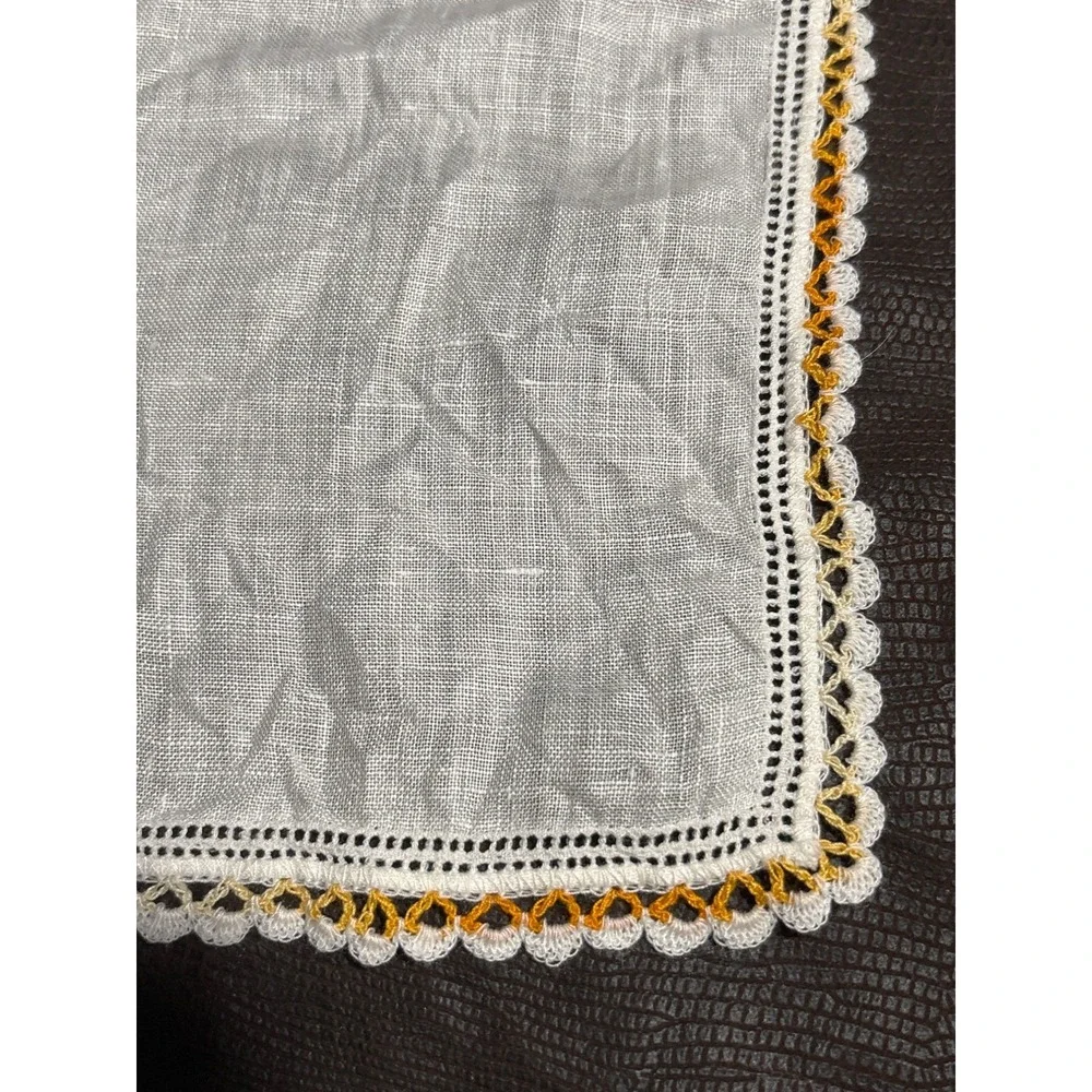 VTG Victorian Handkerchief Crochet Trim White Yellow/Orange 11.5